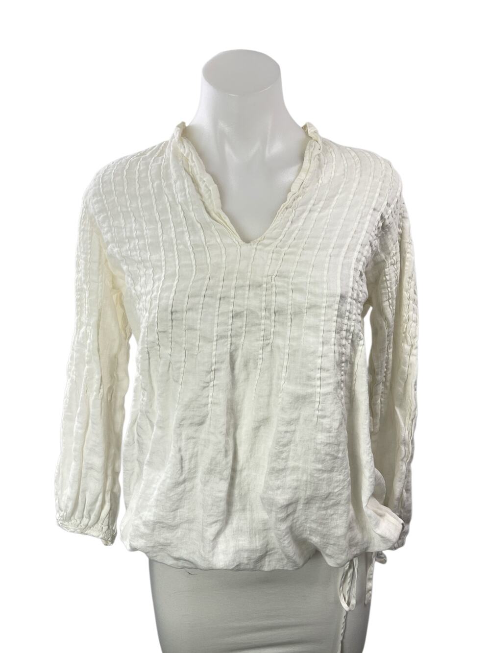 120% Lino Women's White Linen Crinkled V Neck Long Sleeve Tunic Blouse Top S/M